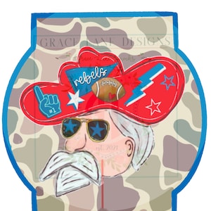 May include: A cartoon illustration of a man wearing a red cowboy hat with blue and white accents. The hat features a football, lightning bolt, and the word "rebels". The man is wearing sunglasses with star-shaped lenses.