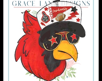 Puede incluir: Ilustración digital de un cardenal rojo con gorra negra y gafas de sol con detalles de estrellas rojas. La gorra presenta un balón de fútbol, rayos y la palabra "Cardinals". El pájaro tiene un pico amarillo y está sobre un fondo blanco.