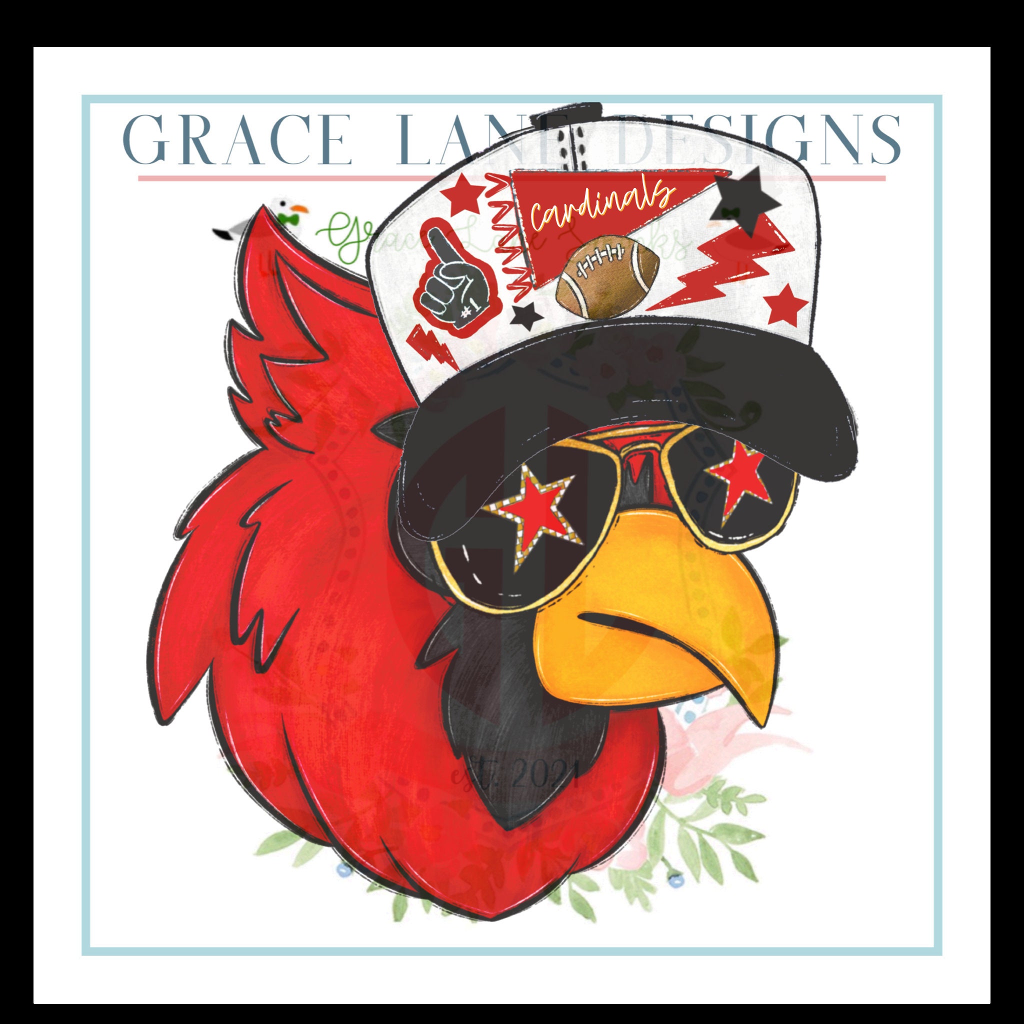 Gorra trucker Cardinals roja y negra PNG Ilustración a mano Procreate Descarga digital para tailgate, fútbol y cheer