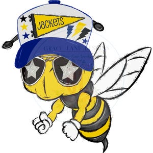 May include: A cartoon bee wearing a blue and white baseball cap with the word "Jackets" on it, and star-shaped sunglasses. The bee is yellow and black with white wings and gloves. The image has a whimsical, playful design.