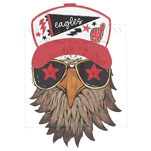 Könnte beinhalten: Illustration eines Adlers mit einer rot-weißen Baseballkappe und Sonnenbrille mit roten Sternakzenten. Auf der Kappe steht das Wort "eagles". Der Adler hat braune Federn und einen goldenen Schnabel.