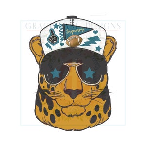 May include: Illustration of a jaguar wearing sunglasses with star-shaped lenses and a baseball cap. The cap has the word "Jaguars" on it, along with a football, a lightning bolt, and a foam finger. The jaguar has a yellow and black spotted coat.