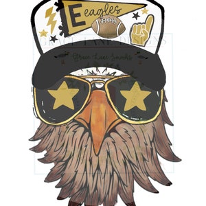 May include: Illustration of an eagle wearing sunglasses with star-shaped lenses and a black and white baseball cap. The cap features the word "Eagles", a football, and a foam finger. The eagle's feathers are brown and tan.