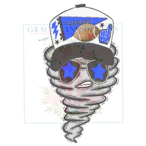 May include: A cartoon illustration of a tornado wearing sunglasses with blue star-shaped lenses and a white hat. The hat has the word "Tornado" on it, along with a football and a foam finger. The tornado is gray and white.