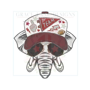 May include: A digital illustration of an elephant wearing a baseball cap and sunglasses. The cap is white with maroon accents and the words "Go Team" on a pennant. The sunglasses have star-shaped lenses. The elephant is wearing a white t-shirt.