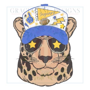 May include: A digital illustration of a cheetah wearing a blue cap and sunglasses with star-shaped lenses. The cap has the word "Jaguars" on it, along with a football and a foam finger. The cheetah has a tan coat with black spots.