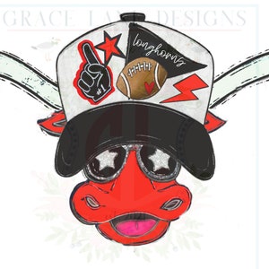 May include: A cartoon illustration of a red longhorn steer wearing a black and white baseball cap and star-shaped sunglasses. The cap features a football, star, and the word "longhorns". The steer is smiling with its tongue out.