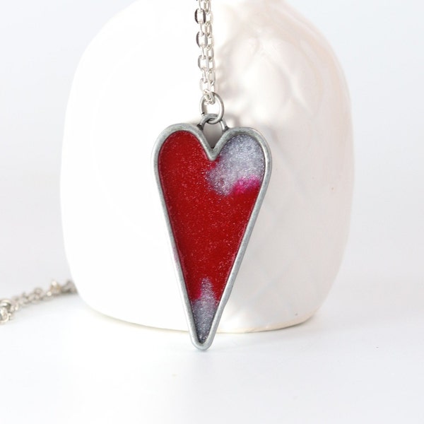 Rotes Herz Halskette, Valentinstag Geschenk, große Herz Halskette, süße Harz Anhänger, rot und Silber Schmuck, Liebe Halskette, ungewöhnliche Halskette