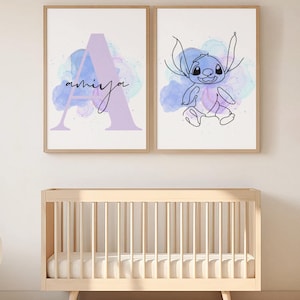 Lilo and Stitch Customizable Name Wall Art Print, Set of 2, Cute Disney Stitch, Nursery Children&#39;s Room Wall Art, Line Art Watercolour Print