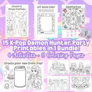 K-Pop Demon Hunter Party Games Printable Bundle – 4 Fun Activities & 11 Coloring Pages – Cute Anime Birthday Activities Party Favors