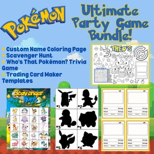 Lot imprimable Jeux de société Pokémon – Noms personnalisés à colorier, chasse au trésor, anecdotes et cartes à collectionner à faire soi-même – Activités d'anniversaire d'enfants