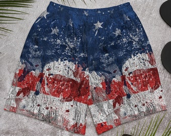 Mens Athletic Shorts - USA #2 - Distressed American Flag Patriotic 4th of July Memorial Day Red White Blue Festive Holiday Party Outfit Gift