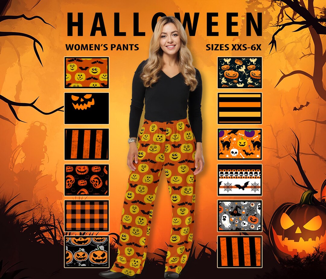 Women's Halloween Pants #1 - Wide Leg - Pumpkins Stripes Bats