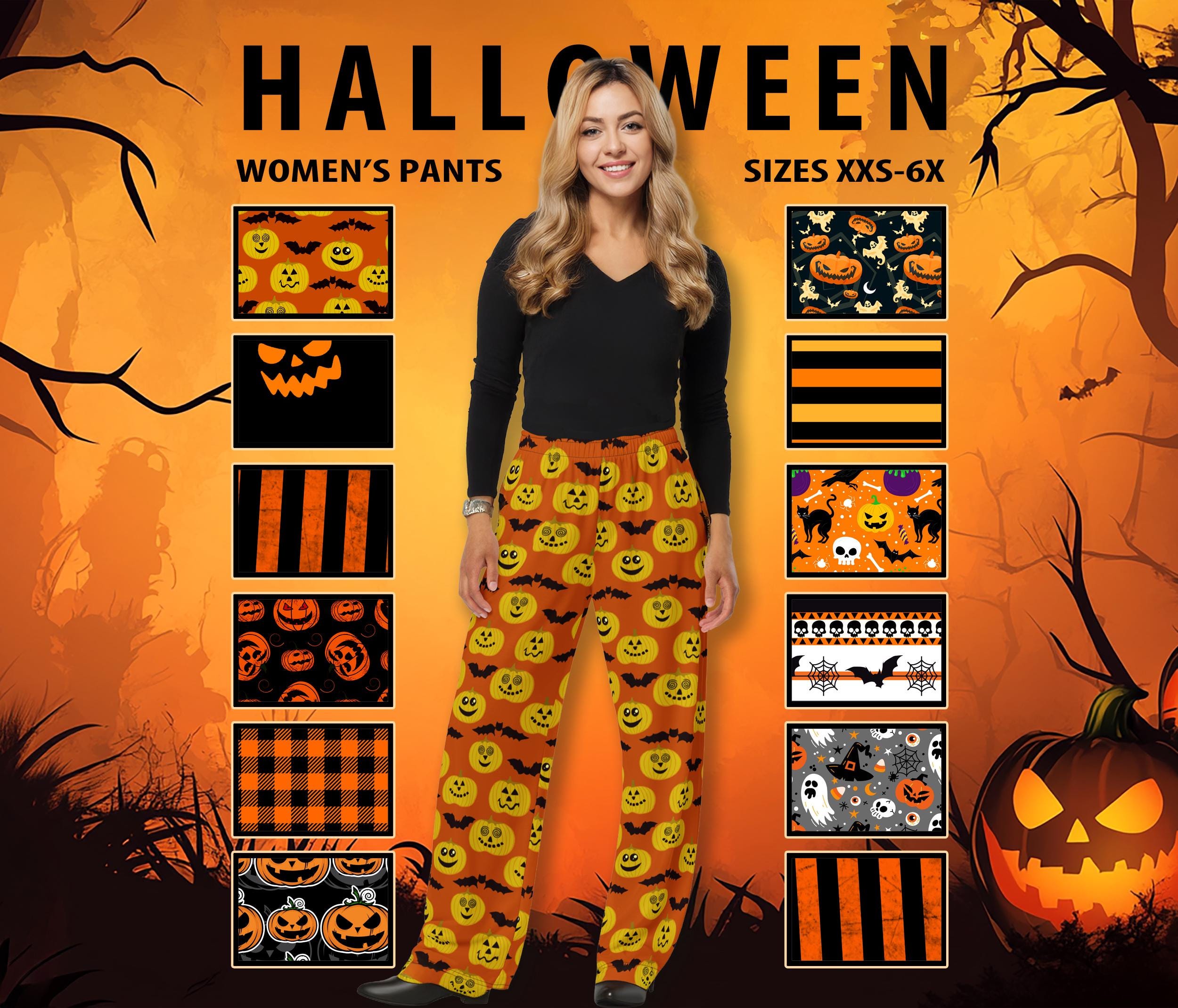 Women's Halloween Pants #1 - Wide Leg - Pumpkins Stripes Bats