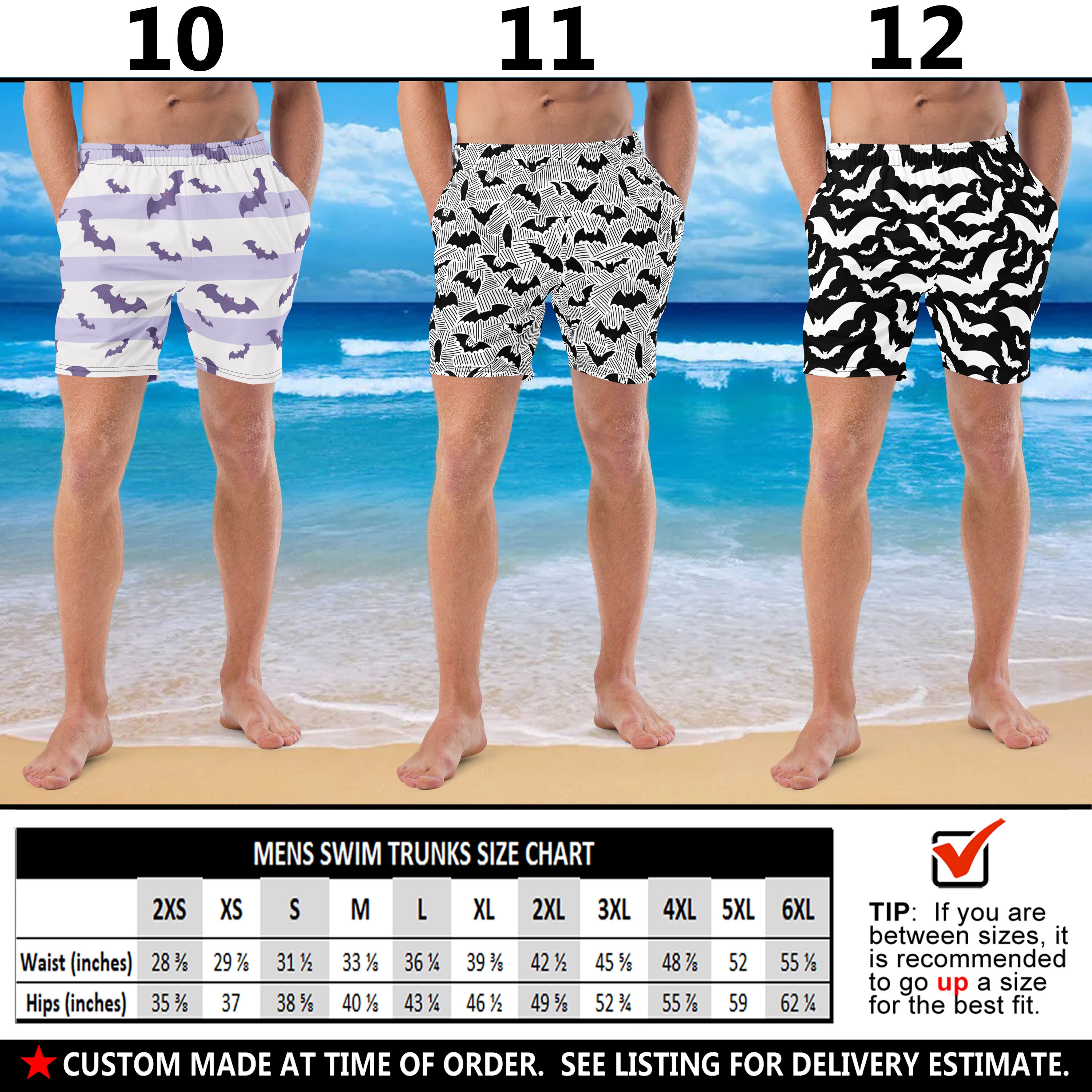 Men's Gothic Bats Swim Trunks 4 Goth Halloween Black White Bats Scary