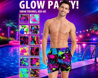 Mens Neon Glow Swim Trunks - Retro 80s 90s Paint Splatter Shorts #1