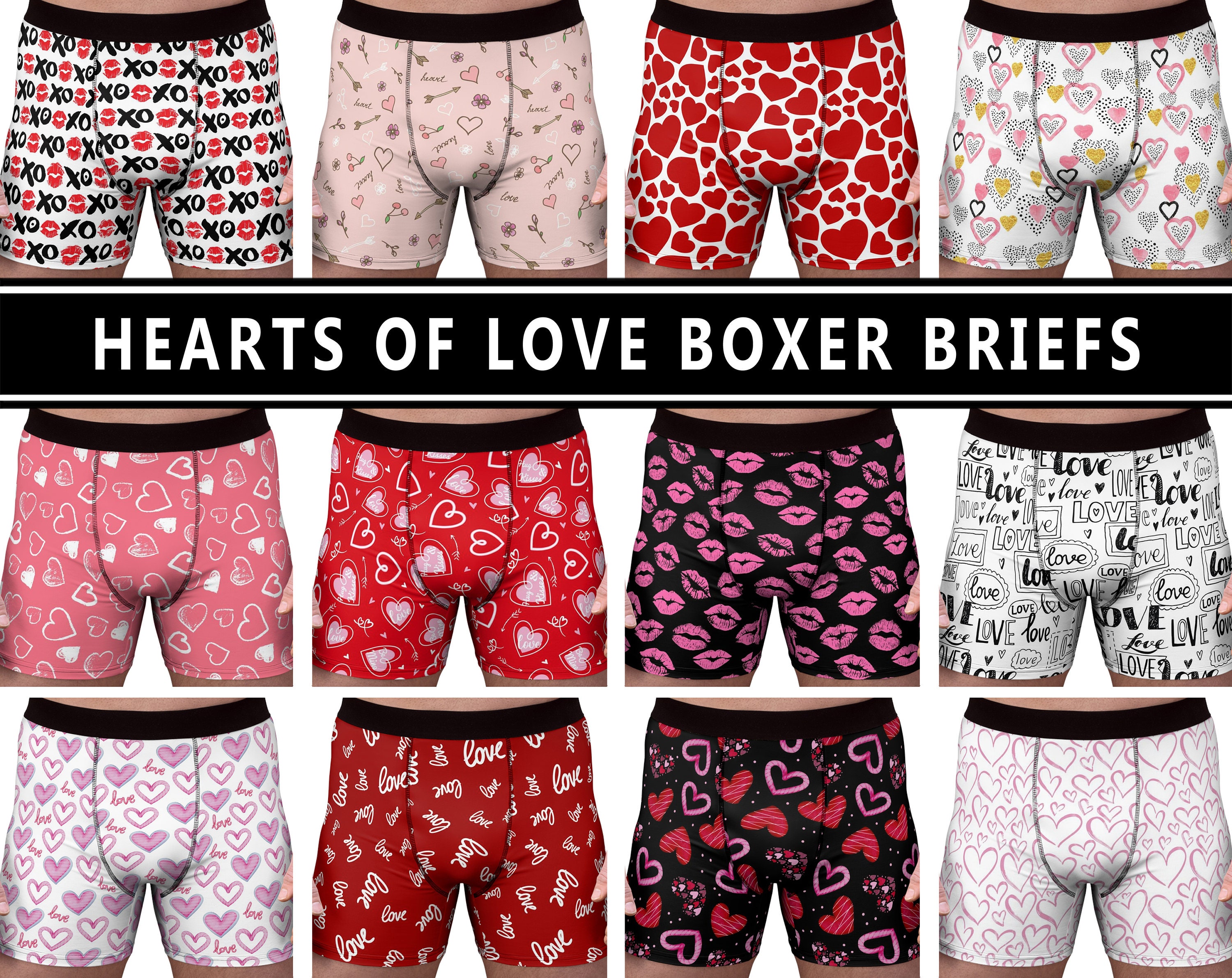 Men's Heart Print Boxer Shorts Underwrear Elastic Waistband Woven Boxers  Shorts