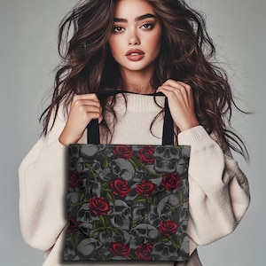 Gothic Skulls & Red Roses Tote Bag #2, Dark Aesthetic Bag, Skull Print Tote, Alternative Style, Edgy Canvas Reusable Bag, Macabre Fashion