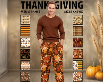 Mens Thanksgiving Wide Leg Pants #1 – Festive Fall Print with Turkeys & Pilgrim Hats