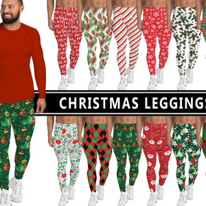 Men's Christmas Leggings #1 - Santa Candy Cane Ornament Tree Holly Poinsetta Diamond Reindeer Red Green Fashion Gym Streetwear Gift