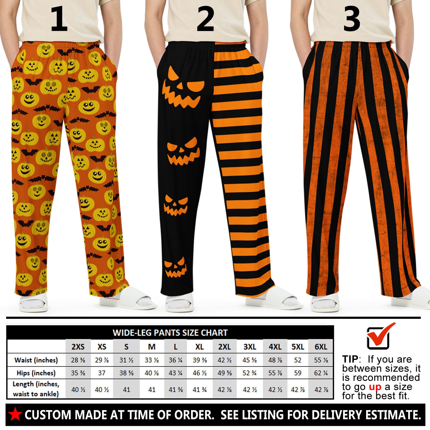 Men's Halloween Pants 1 Wide Leg Pumpkins Stripes Bats Orange Gingham