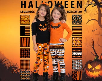 Kids Halloween Leggings #1 – Pumpkins, Bats, Stripes, Gingham