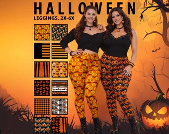 Women's Plus Size Halloween Leggings #1 – Pumpkins, Bats, Stripes & Gingham Print