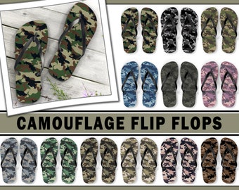 Camo Unisex Flip Flops #1 - Sandals Summer Footwear Camouflage Army Green Desert Brown Streetwear Fashion Outfit Beach Pool Vacation Gift