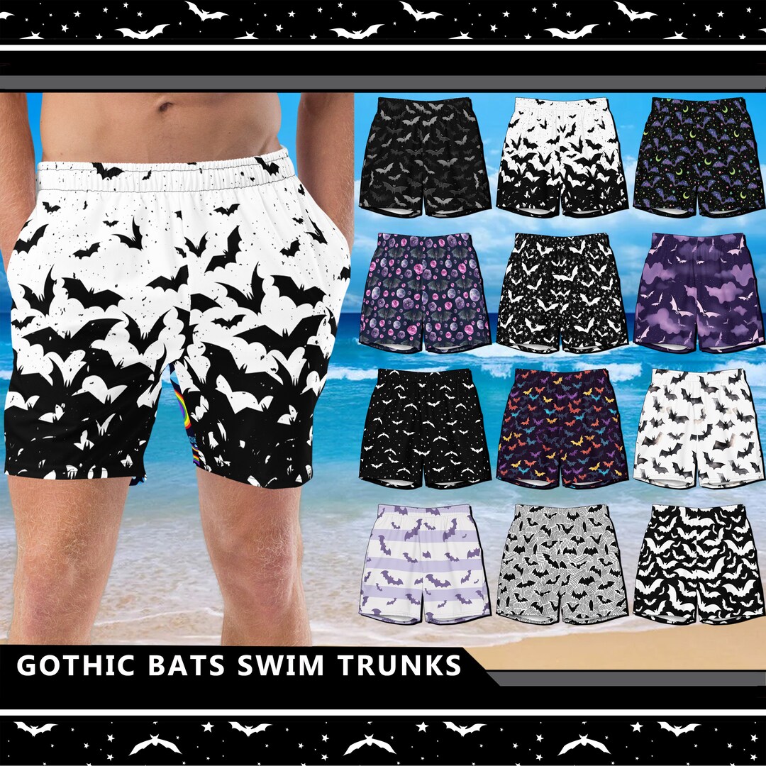 Men's Gothic Bats Swim Trunks 4 Goth Halloween Black White Bats Scary