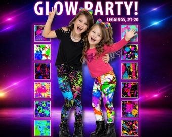 Kids Retro 80s Neon Paint Splatter Leggings #1 – Glow Party Rave Pants