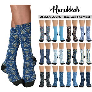 Hanukkah Crew Socks #1 - Unisex - Premium Quality - Star of David Dreidel Hebrew Jewish Holiday Menorah Blue Silver Holiday Footwear Gift