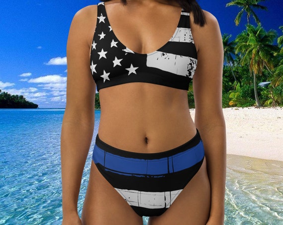 Police #1 - High Waisted Bikini - Thin Blue Line American Flag Officer Cop Law Enforcement Swimwear Bathing Suit Beach Pool Cruise Gift