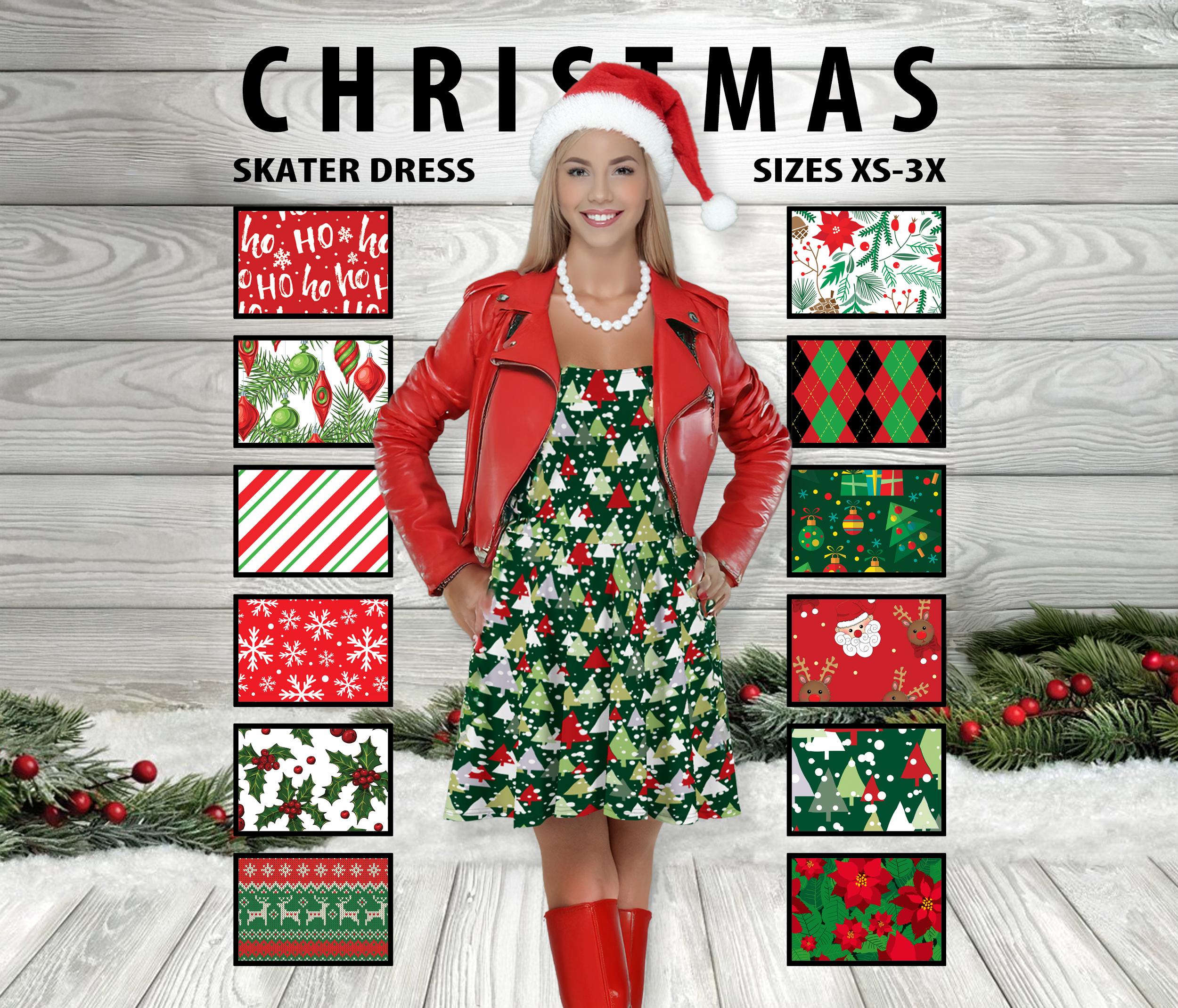 womens christmas skater dress #1 - Santa Candy Cane Ornament Tree Holly Poinsetta Diamond Reindeer Presents Red Green Fashion Circle Skirt Gift spooky vibe Classic skater