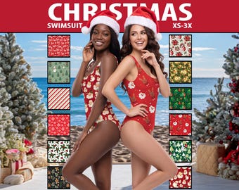 Womens Christmas Swimsuit - Santa & Holly One Piece Bathing Suit #1
