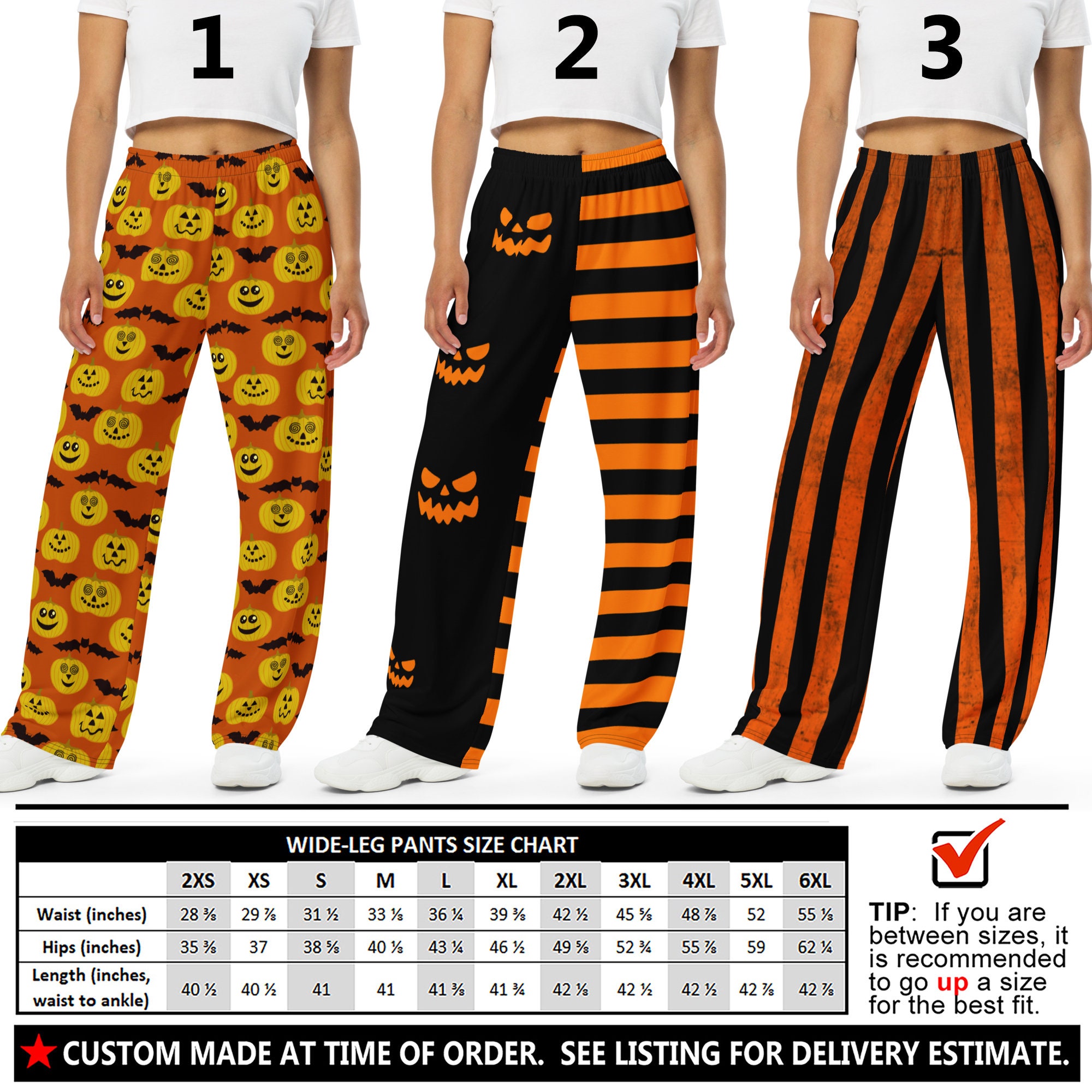 Women's Halloween Pants #1 - Wide Leg - Pumpkins Stripes Bats