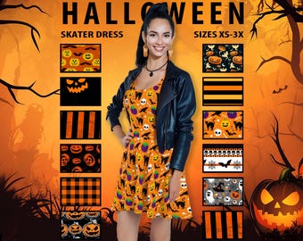 Halloween Skater Dress #1 - Costume Party Pumpkins Stripes Bats Orange Gingham Jack o Lantern Scary Fun Fashion Goth Circle Skirt Gift