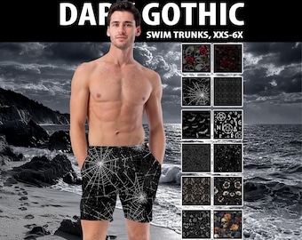 Gothic Swim Trunks - Roses, Skulls, Men's Damask Board Shorts #1