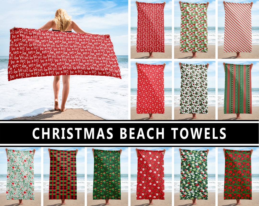 Christmas Beach Towels 1 Santa Candy Cane Ornament Tree Holly Poinsetta