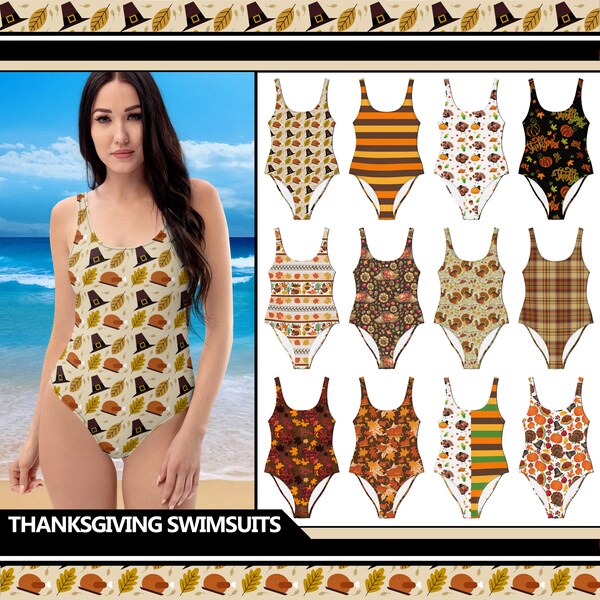 Women's Thanksgiving Swimsuit #1 - One Piece Tank Swimsuit - Bathing Suit Happy Turkey Day Pumpkins Plaid Stripes Pilgrims Swimwear Gift