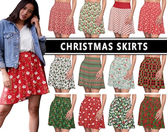 Christmas Skirt #1 - Santa Candy Cane Ornament Tree Holly Poinsetta Diamond Reindeer Presents Red Green Party Skater Circle Skirt Gift