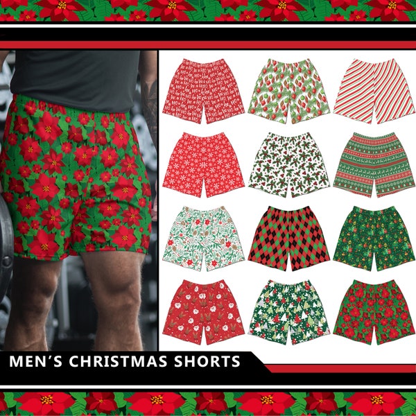 Men's Christmas Athletic Shorts #1 - Santa Candy Cane Ornament Bulb Tree Holly Poinsetta Diamond Reindeer Presents Red Green Gift