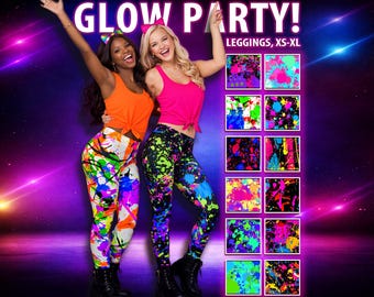 Women's Retro 80s Neon Paint Splatter Leggings #1 – Glow Party Rave Pants