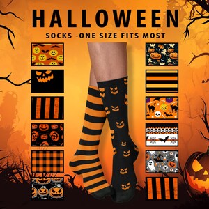 Halloween Crew Socks #1 - Unisex - Premium Quality - Pumpkins Stripes Bats Orange Gingham Jack o Lantern Costume Party Fun Footwear Gift
