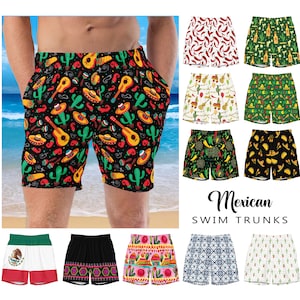 Men&#39;s Mexican Themed Swim Trunks #1 - Cinco De Mayo Mexico Flag Holiday Guitar Chili Pepper Sombrero Fiesta Taco Swimwear Bathing Suit Gift