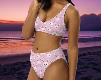 Bikini (High Waisted) - Rabbit #1 -  Waisted Bikini Swimsuit Super Cute Summer Fashion Pink Bunny Bunnies Easter Gift