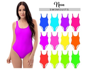 Women's Neon Swimsuit #1 - One Piece Tank Swimsuit - Bathing Suit Solid Colors Glow Party Blue Cyan Magenta Orange Yellow Lime Green Gift