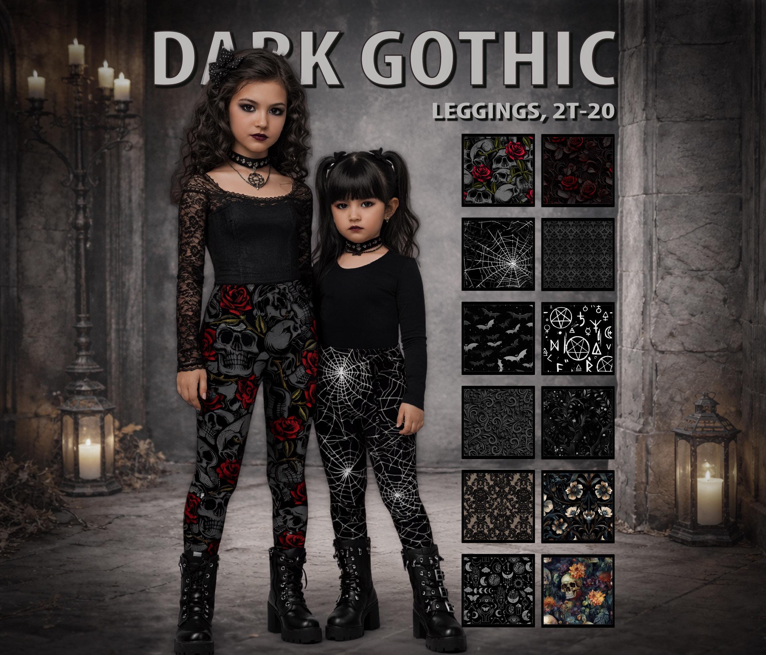 Kids Gothic Leggings #1 - Skull & Rose Print, Dark Bat Design Pants