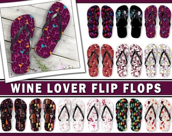 Wine Lover Unisex Flip Flops #1 - Retro Wine Glasses Goblets Cabernet Merlot Pinot Napa  Beach Fashion Summer Beach Party Fun Footwear Gift