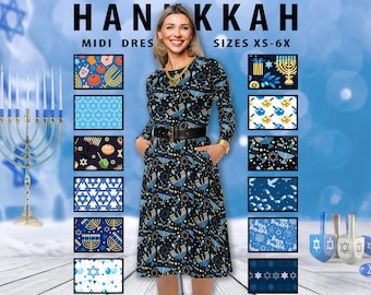 Hanukkah Midi Dress #1 - Jewish Holiday Dress, Star of David, Hebrew Dress, Menorah Blue Silver Long Sleeve Below Knee Circle Skirt Gift