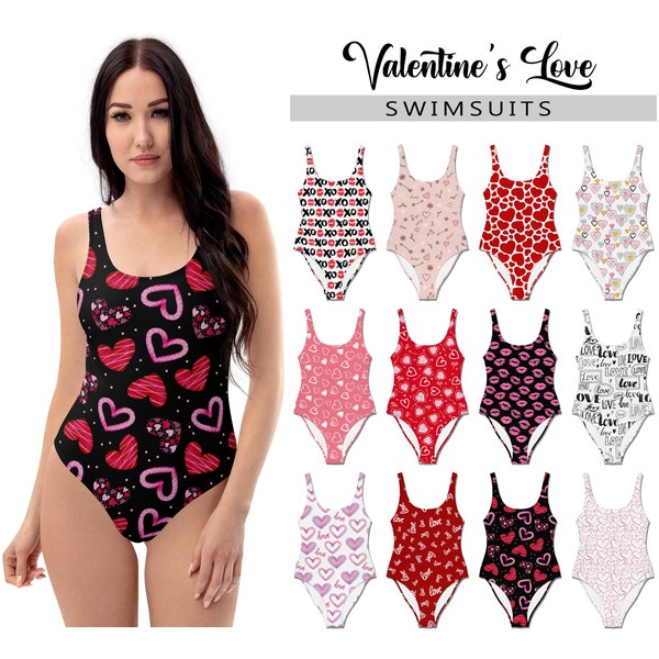 Women's Valentine's Day Swimsuit #1 - One Piece Tank Swimsuit - Bathing Suit  Love Hearts Kisses Hugs XOXO Lips Girlfriend Wife Swimwear